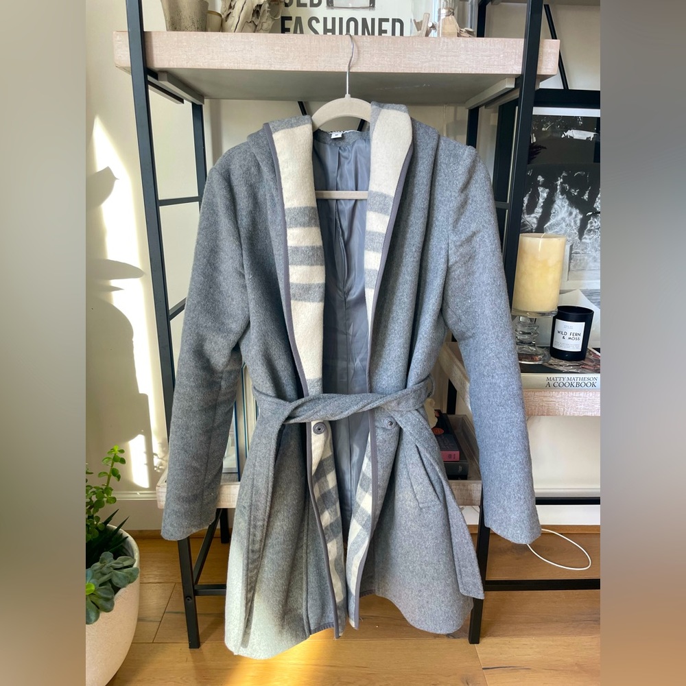 DKNY Grey Wool Wrap Coat with super cute plaid accent